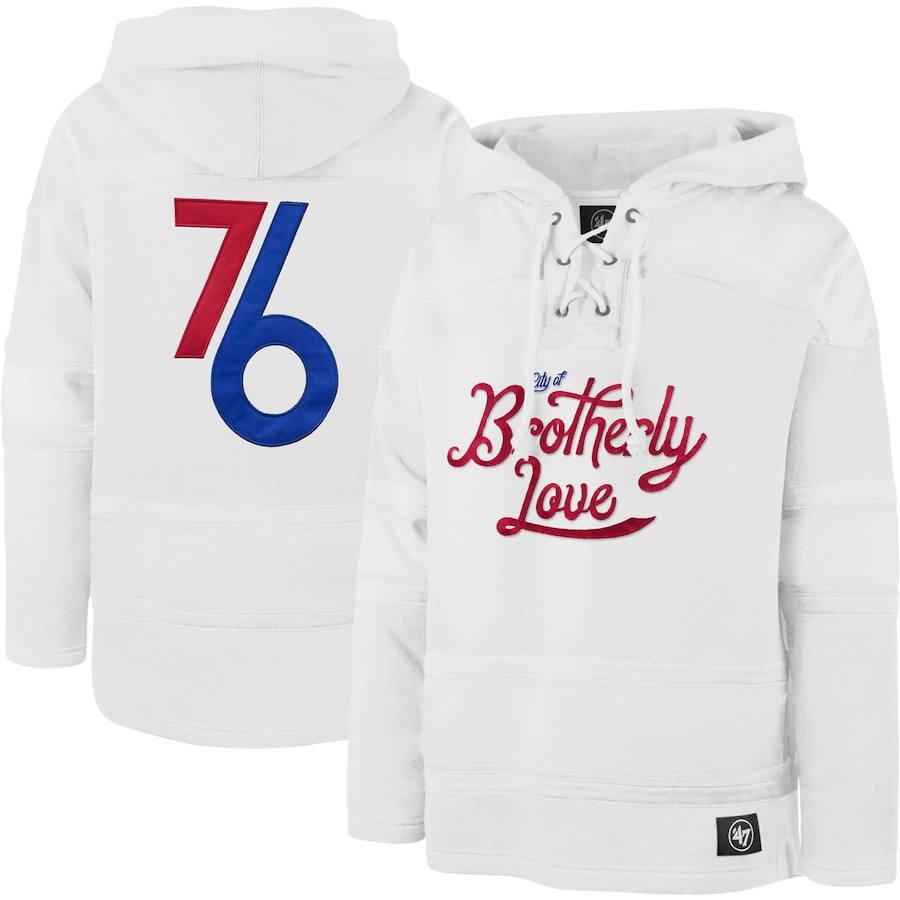 Men's Philadelphia 76ers 47 White 2022/23 Pregame MVP Lacer Pullover Hoodie - City Edition Men's Philadelphia 76ers 47 White 2022/23 Pregame MVP Lacer Pullover Hoodie - City Edition