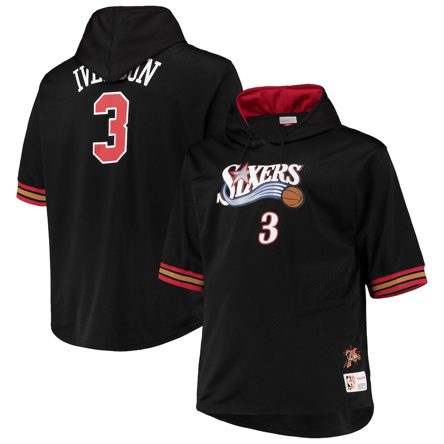 Men's Philadelphia 76ers Allen Iverson Mitchell & Ness Black/Red Big & Tall Name & Number Short Sleeve Hoodie