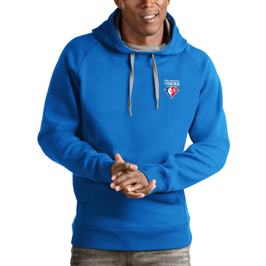 Men's Philadelphia 76ers Antigua Blue NBA 75th Anniversary Victory Pullover Hoodie Men's Philadelphia 76ers Antigua Blue NBA 75th Anniversary Victory Pullover Hoodie