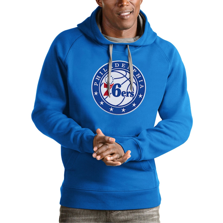 Men's Philadelphia 76ers Antigua Blue Team Logo Victory Pullover Hoodie Men's Philadelphia 76ers Antigua Blue Team Logo Victory Pullover Hoodie
