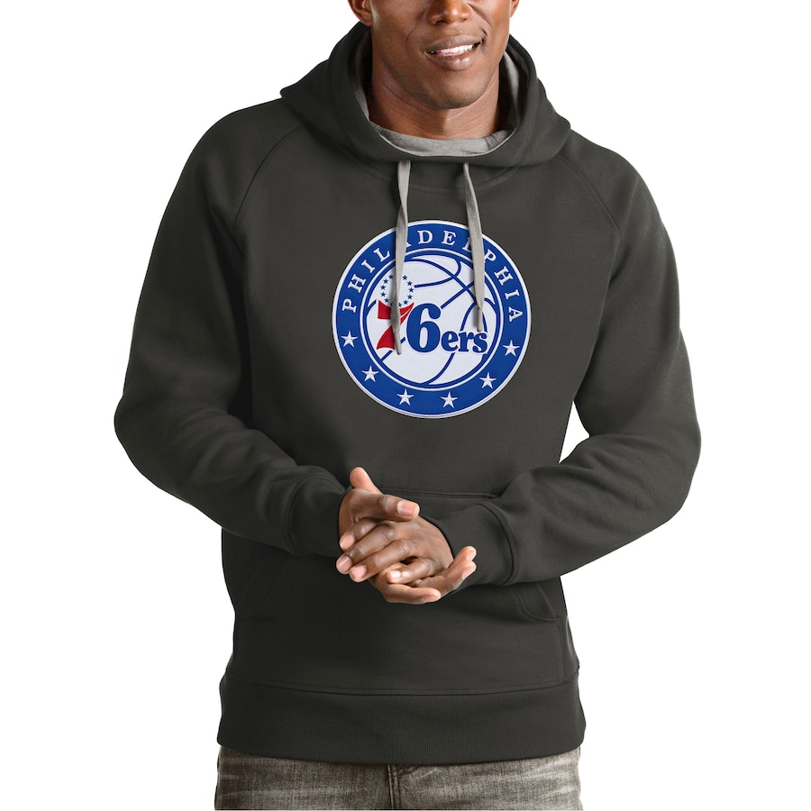 Men's Philadelphia 76ers Antigua Charcoal Team Logo Victory Pullover Hoodie Men's Philadelphia 76ers Antigua Charcoal Team Logo Victory Pullover Hoodie