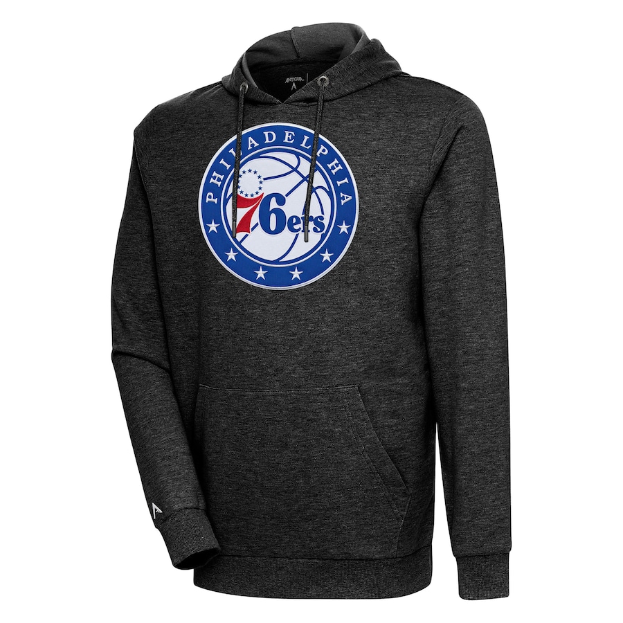 Men's Philadelphia 76ers Antigua Heather Black Action Pullover Hoodie Men's Philadelphia 76ers Antigua Heather Black Action Pullover Hoodie