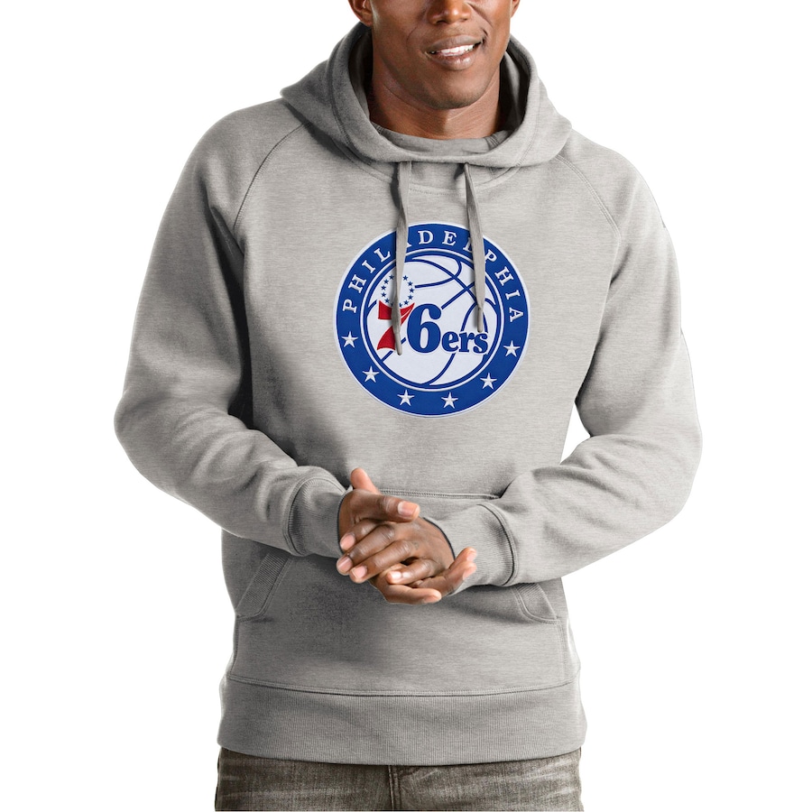 Men's Philadelphia 76ers Antigua Heather Gray Team Logo Victory Pullover Hoodie Men's Philadelphia 76ers Antigua Heather Gray Team Logo Victory Pullover Hoodie
