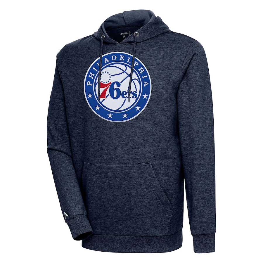 Men's Philadelphia 76ers Antigua Heather Navy Action Pullover Hoodie Men's Philadelphia 76ers Antigua Heather Navy Action Pullover Hoodie