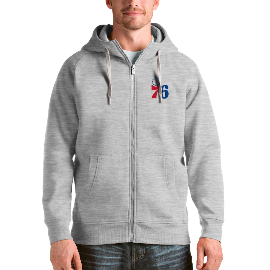 Men's Philadelphia 76ers Antigua Heathered Gray Logo Victory Full-Zip Hoodie Men's Philadelphia 76ers Antigua Heathered Gray Logo Victory Full-Zip Hoodie
