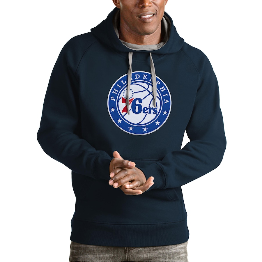 Men's Philadelphia 76ers Antigua Navy Team Logo Victory Pullover Hoodie Men's Philadelphia 76ers Antigua Navy Team Logo Victory Pullover Hoodie