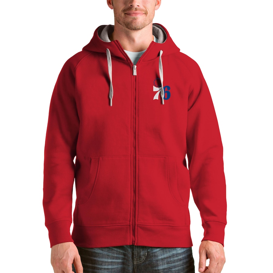 Men's Philadelphia 76ers Antigua Red Logo Victory Full-Zip Hoodie Men's Philadelphia 76ers Antigua Red Logo Victory Full-Zip Hoodie