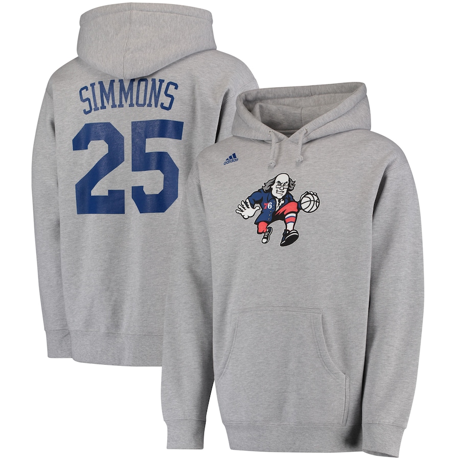 Men's Philadelphia 76ers Ben Simmons Heathered Gray Name and Number Pullover Hoodie