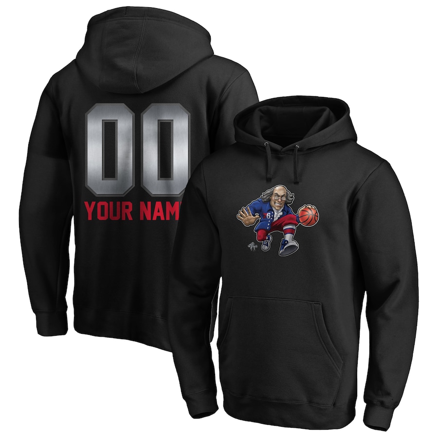 Men's Customize Philadelphia 76ers Black Midnight Mascot Personalized Name & Number Pullover Hoodie Men's Customize Philadelphia 76ers Black Midnight Mascot Personalized Name & Number Pullover Hoodie