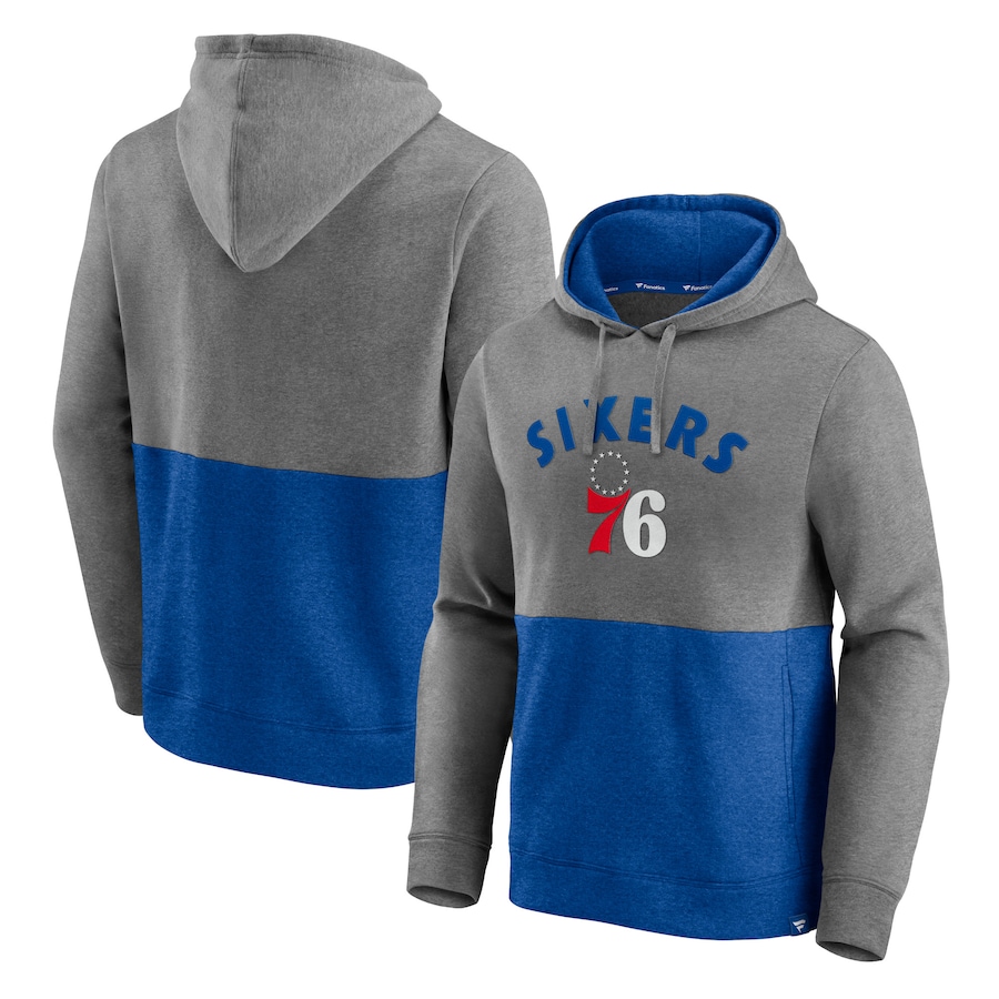 Men's Philadelphia 76ers Heathered Charcoal/Royal Block Party Applique Color Block Pullover Hoodie