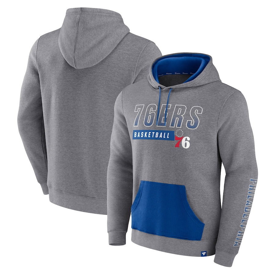 Men's Philadelphia 76ers Heathered Gray Off The Bench Color Block Pullover Hoodie Men's Philadelphia 76ers Heathered Gray Off The Bench Color Block Pullover Hoodie