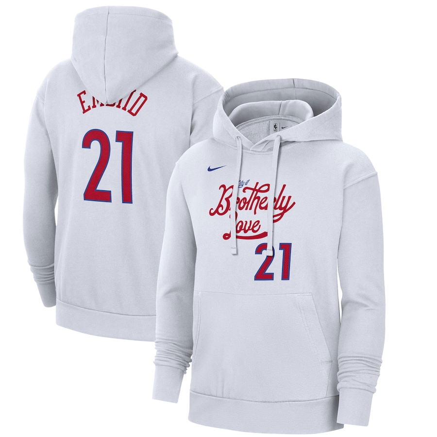 Men's Philadelphia 76ers Joel Embiid NBA White 2022/23 City Edition Name & Number Pullover Hoodie