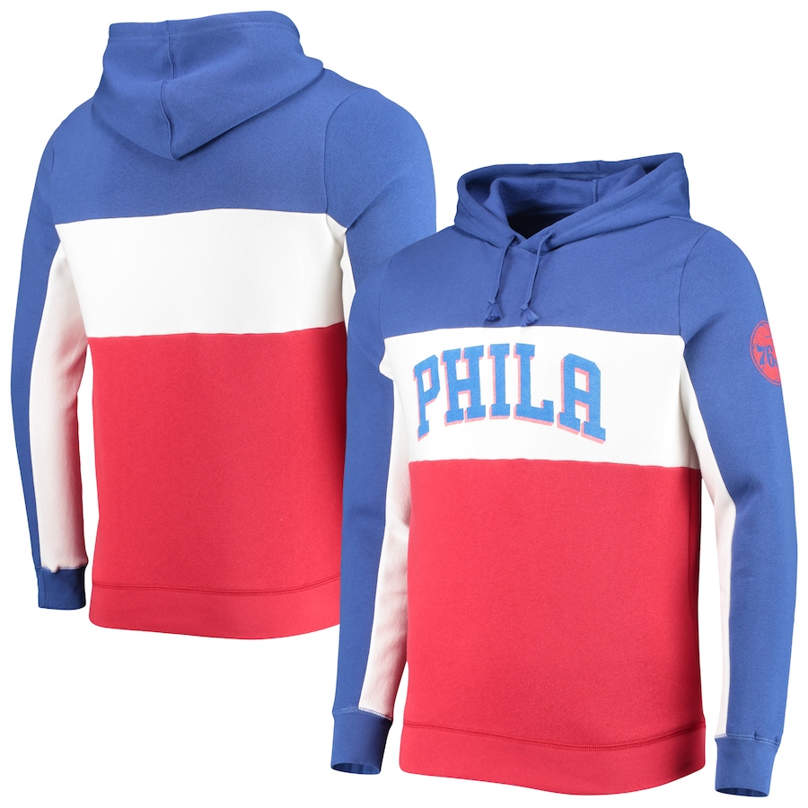 Men's Philadelphia 76ers Junk Food Blue/White Wordmark Colorblock Fleece Pullover Hoodie Men's Philadelphia 76ers Junk Food Blue/White Wordmark Colorblock Fleece Pullover Hoodie