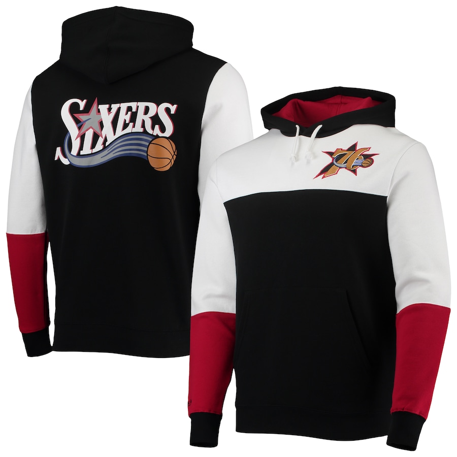 Men's Philadelphia 76ers Mitchell & Ness Black Hardwood Classics Fusion 2.0 Colorblock Pullover Hoodie Men's Philadelphia 76ers Mitchell & Ness Black Hardwood Classics Fusion 2.0 Colorblock Pullover Hoodie