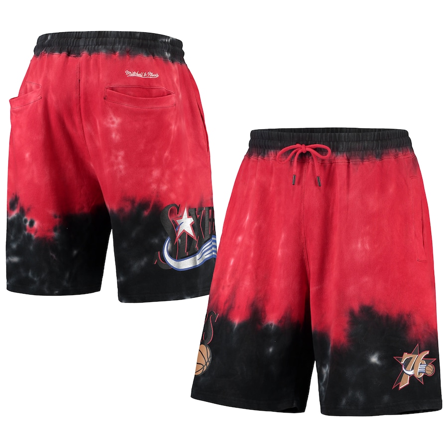 Men's Philadelphia 76ers Mitchell & Ness Black/Red Hardwood Classics Terry Tie-Dye Shorts Men's Philadelphia 76ers Mitchell & Ness Black/Red Hardwood Classics Terry Tie-Dye Shorts