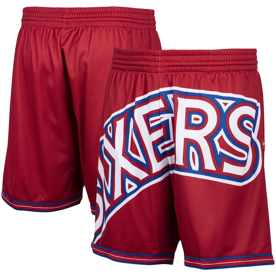 Men's Philadelphia 76ers Mitchell & Ness Red Hardwood Classics Big Face 2.0 Shorts Men's Philadelphia 76ers Mitchell & Ness Red Hardwood Classics Big Face 2.0 Shorts