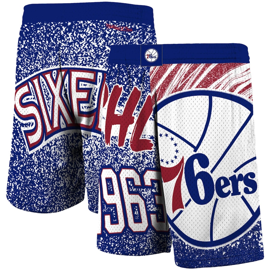 Men's Philadelphia 76ers Mitchell & Ness Royal Hardwood Classics Jumbotron Sublimated Shorts Men's Philadelphia 76ers Mitchell & Ness Royal Hardwood Classics Jumbotron Sublimated Shorts