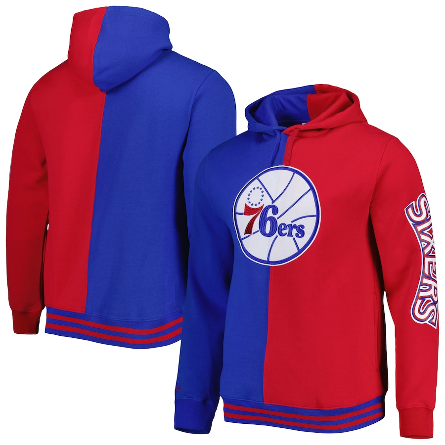 Men's Philadelphia 76ers Mitchell & Ness Royal/Red Hardwood Classics Split Pullover Hoodie Men's Philadelphia 76ers Mitchell & Ness Royal/Red Hardwood Classics Split Pullover Hoodie