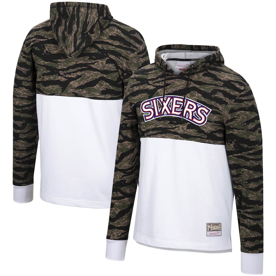 Men's Philadelphia 76ers Mitchell & Ness White Hardwood Classics Tiger Camo Pullover Hoodie Men's Philadelphia 76ers Mitchell & Ness White Hardwood Classics Tiger Camo Pullover Hoodie