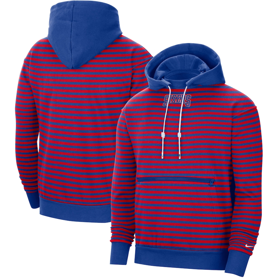 Men's Philadelphia 76ers NBA Red/Royal 75th Anniversary Courtside Striped Pullover Hoodie Men's Philadelphia 76ers NBA Red/Royal 75th Anniversary Courtside Striped Pullover Hoodie