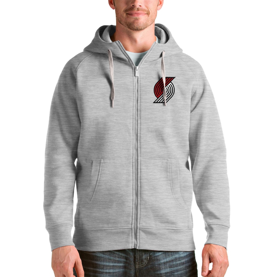 Men's Portland Trail Blazers Antigua Heathered Gray Logo Victory Full-Zip Hoodie