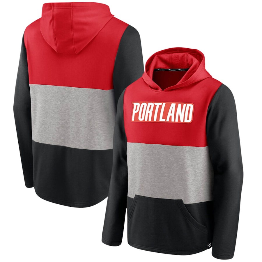 Men's Portland Trail Blazers Red/Black Linear Logo Comfy Colorblock Tri-Blend Pullover Hoodie