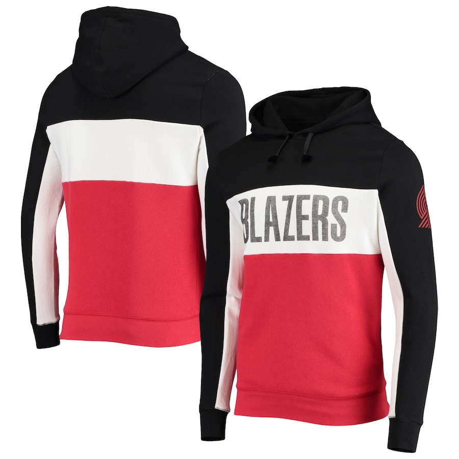 Men's Portland Trail Blazers Junk Food Black/White Wordmark Colorblock Fleece Pullover Hoodie Men's Portland Trail Blazers Junk Food Black/White Wordmark Colorblock Fleece Pullover Hoodie