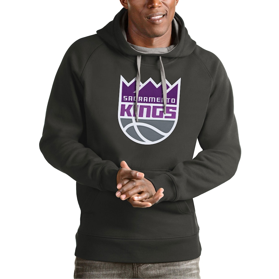 Men's Sacramento Kings Antigua Charcoal Team Logo Victory Pullover Hoodie Men's Sacramento Kings Antigua Charcoal Team Logo Victory Pullover Hoodie