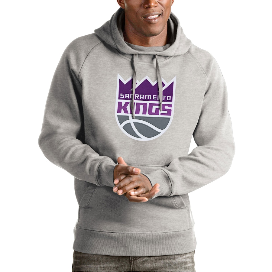 Men's Sacramento Kings Antigua Heather Gray Team Logo Victory Pullover Hoodie Men's Sacramento Kings Antigua Heather Gray Team Logo Victory Pullover Hoodie
