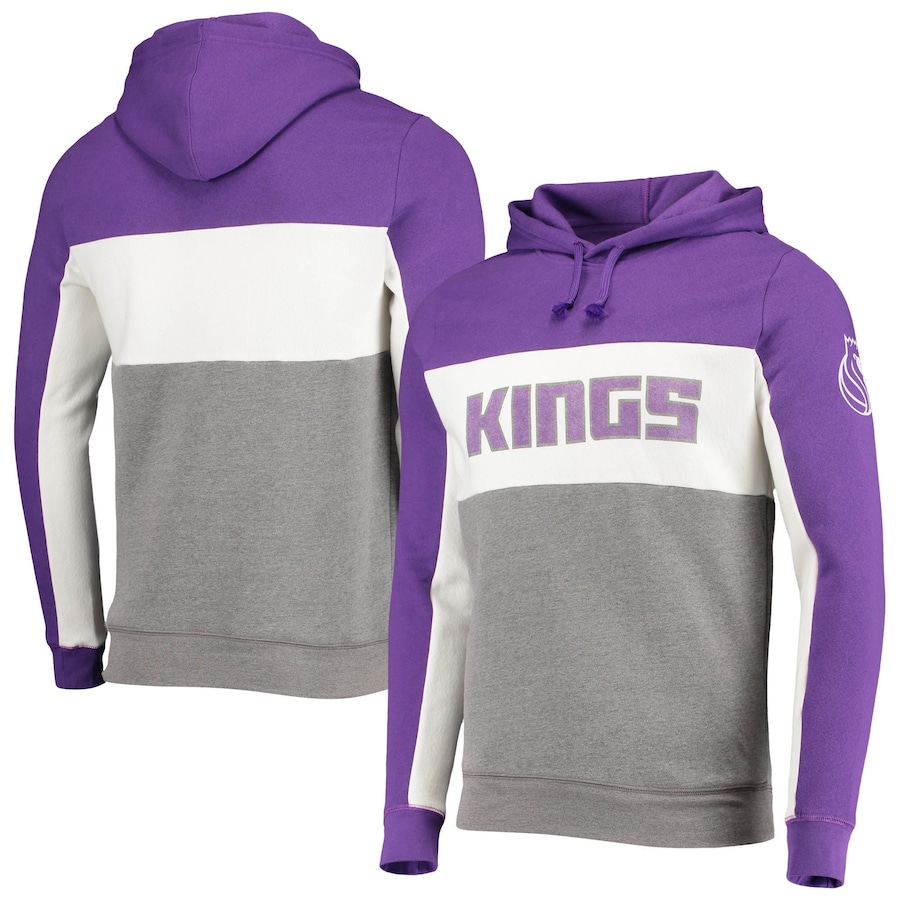 Men's Sacramento Kings Junk Food Purple/White Wordmark Colorblock Fleece Pullover Hoodie Men's Sacramento Kings Junk Food Purple/White Wordmark Colorblock Fleece Pullover Hoodie