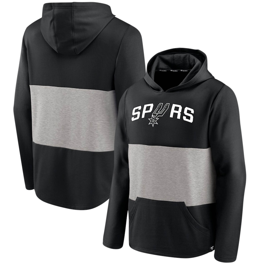 Men's San Antonio Spurs Black/Heathered Gray Linear Logo Comfy Colorblock Tri-Blend Pullover Hoodie Men's San Antonio Spurs Black/Heathered Gray Linear Logo Comfy Colorblock Tri-Blend Pullover Hoodie