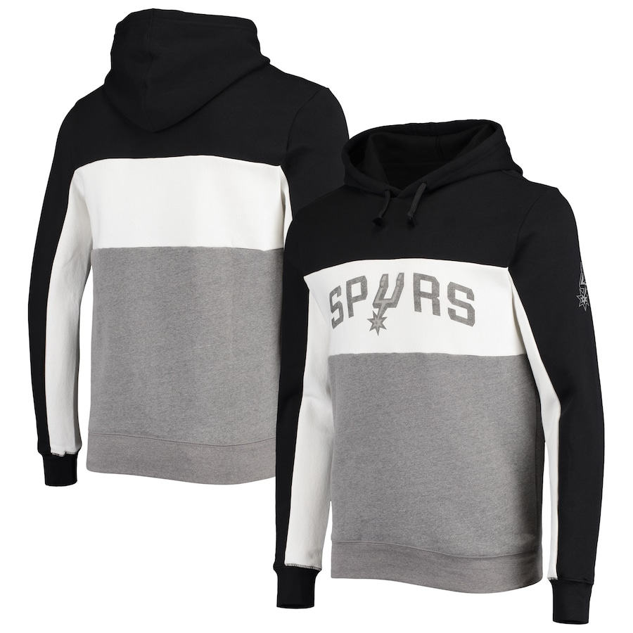 Men's San Antonio Spurs Junk Food Black/White Wordmark Colorblock Fleece Pullover Hoodie Men's San Antonio Spurs Junk Food Black/White Wordmark Colorblock Fleece Pullover Hoodie