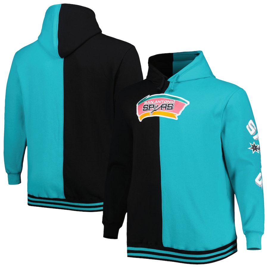 Men's San Antonio Spurs Mitchell & Ness Black/Teal Big & Tall Hardwood Classics Split Pullover Hoodie Men's San Antonio Spurs Mitchell & Ness Black/Teal Big & Tall Hardwood Classics Split Pullover Hoodie