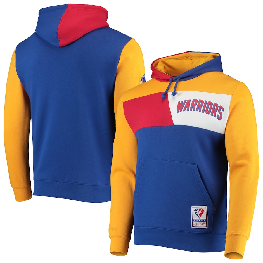 Men's San Francisco Warriors Mitchell & Ness Royal Hardwood Classics 75th Anniversary Colorblock Pullover Hoodie