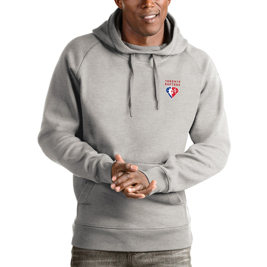 Men's Toronto Raptors Antigua Heathered Gray NBA 75th Anniversary Victory Pullover Hoodie Men's Toronto Raptors Antigua Heathered Gray NBA 75th Anniversary Victory Pullover Hoodie
