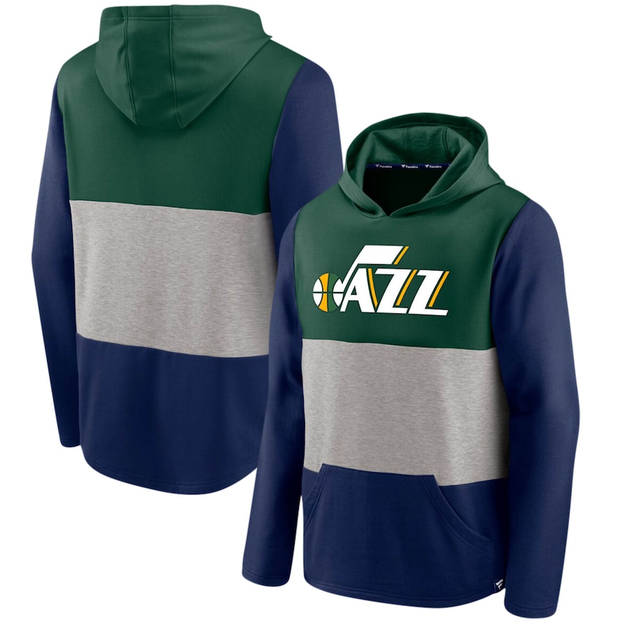 Men's Utah Jazz Green/Navy Linear Logo Comfy Colorblock Tri-Blend Pullover Hoodie