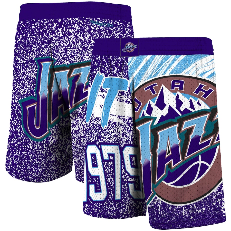 Men's Utah Jazz Mitchell & Ness Purple Hardwood Classics Jumbotron Sublimated Shorts Men's Utah Jazz Mitchell & Ness Purple Hardwood Classics Jumbotron Sublimated Shorts