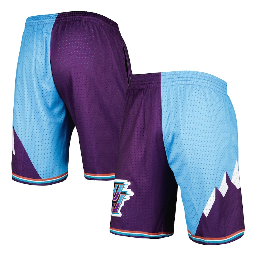 Men's Utah Jazz Mitchell & Ness Turquoise/Purple Hardwood Classics 1996 Split Swingman Shorts Men's Utah Jazz Mitchell & Ness Turquoise/Purple Hardwood Classics 1996 Split Swingman Shorts