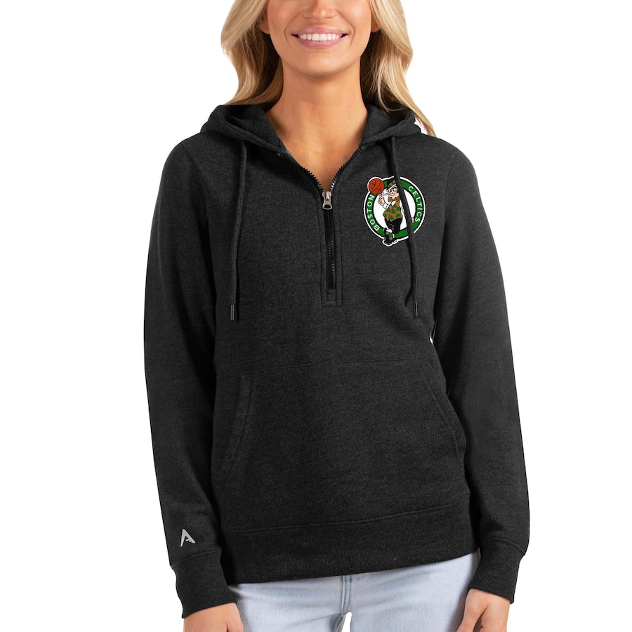 Women's Boston Celtics Antigua Heathered Black Action Half-Zip Pullover Hoodie