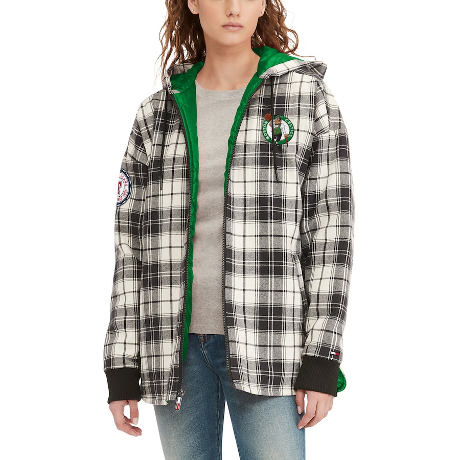 Women's Boston Celtics Tommy Jeans Black/Cream Molly Flannel Full-Zip Hoodie