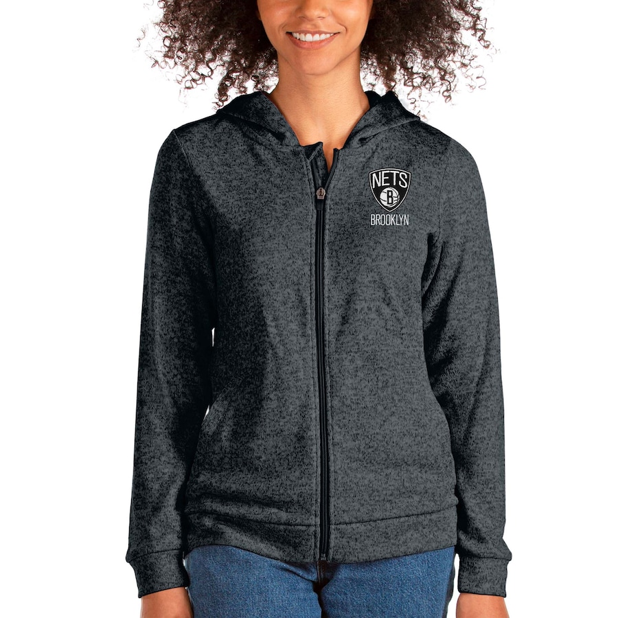 Women's Brooklyn Nets Antigua Heathered Charcoal Absolute Full-Zip Hoodie