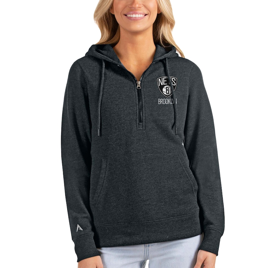 Women's Brooklyn Nets Antigua Heathered Charcoal Action Half-Zip Pullover Hoodie