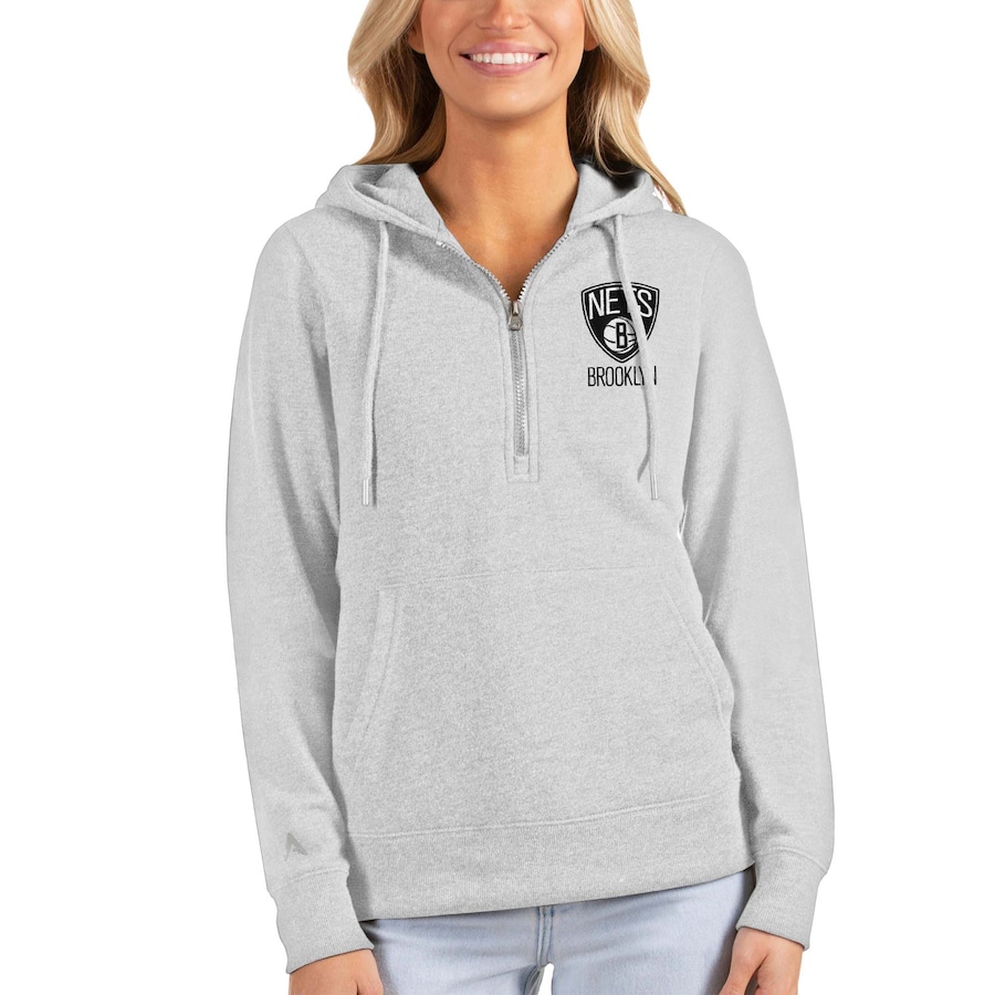 Women's Brooklyn Nets Antigua Heathered Gray Action Half-Zip Pullover Hoodie