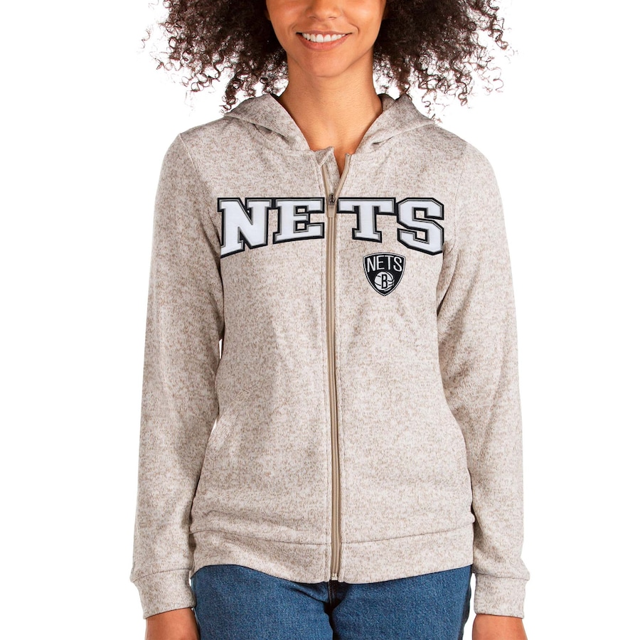 Women's Brooklyn Nets Antigua Oatmeal Team Absolute Full-Zip Hoodie