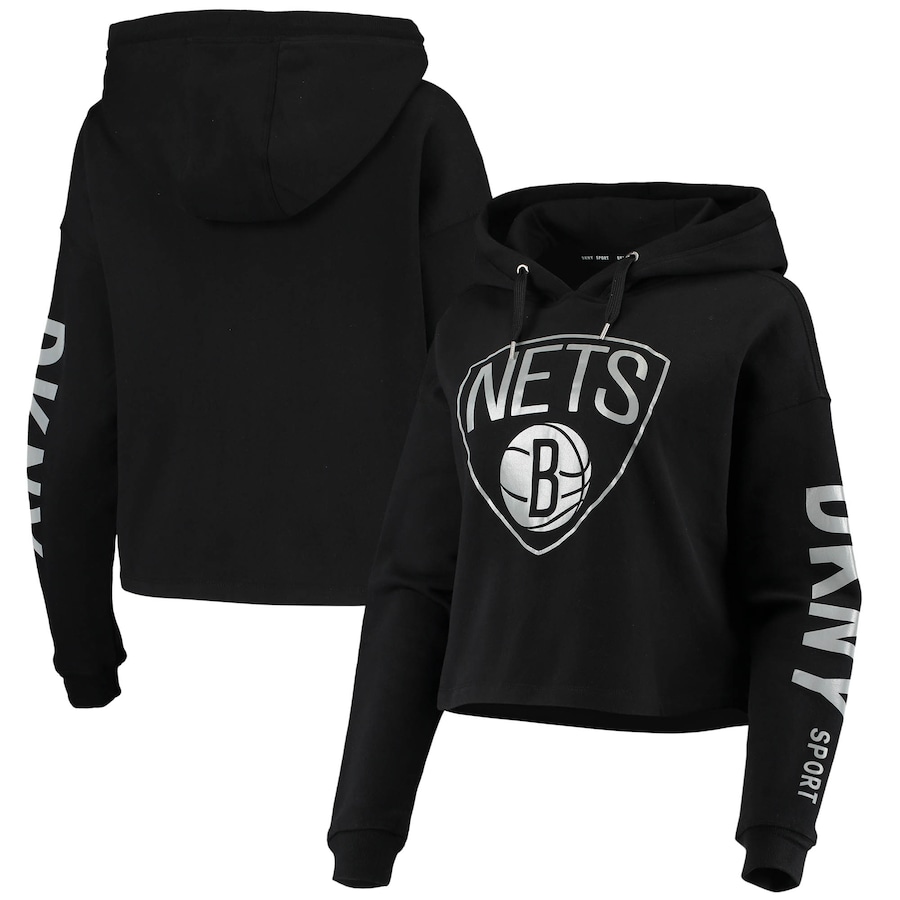 Women's Brooklyn Nets DKNY Sport Black Lydia Cropped Pullover Hoodie