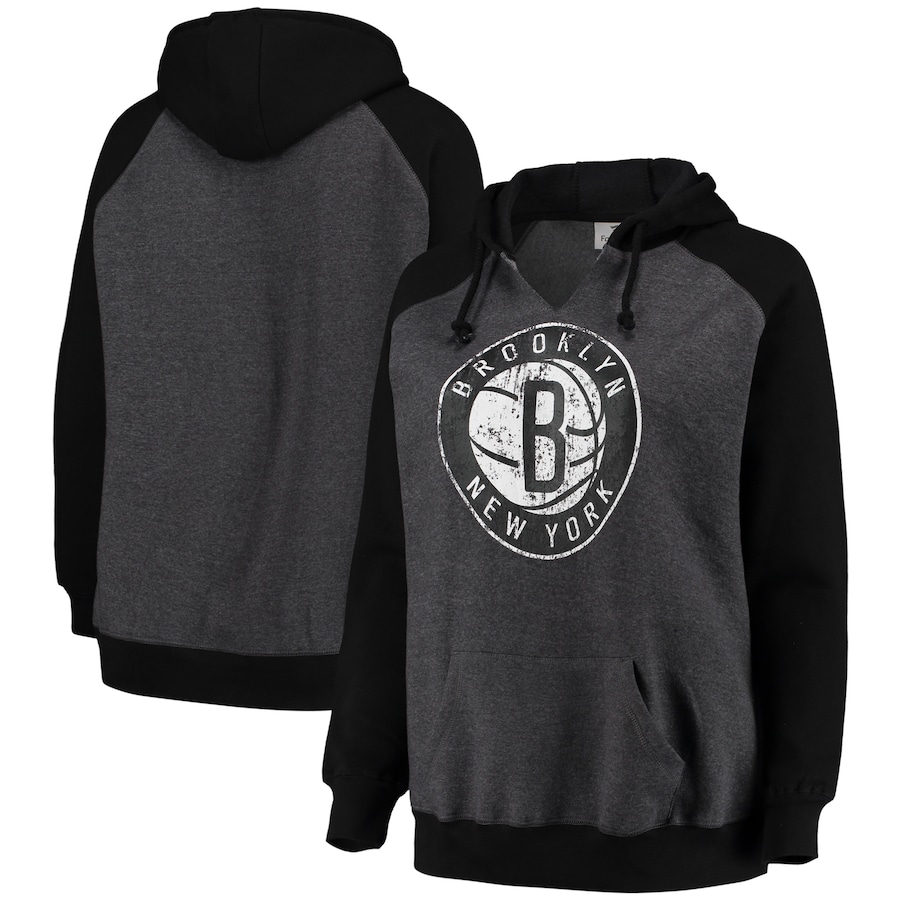 Women's Brooklyn Nets Heathered Charcoal/Black Plus Size Raglan Notch Neck Pullover Hoodie Women's Brooklyn Nets Heathered Charcoal/Black Plus Size Raglan Notch Neck Pullover Hoodie