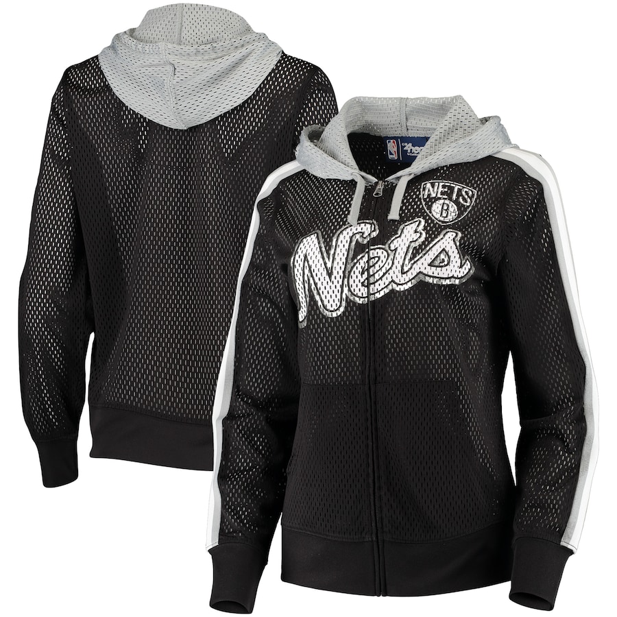 Women's Brooklyn Nets G-III 4Her by Carl Banks Black/Gray Top of the Key Foil Mesh Full-Zip Hoodie
