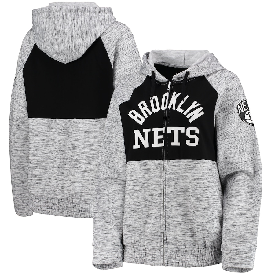 Women's Brooklyn Nets New Era Gray Color Block Space Dye Raglan Full-Zip Hoodie