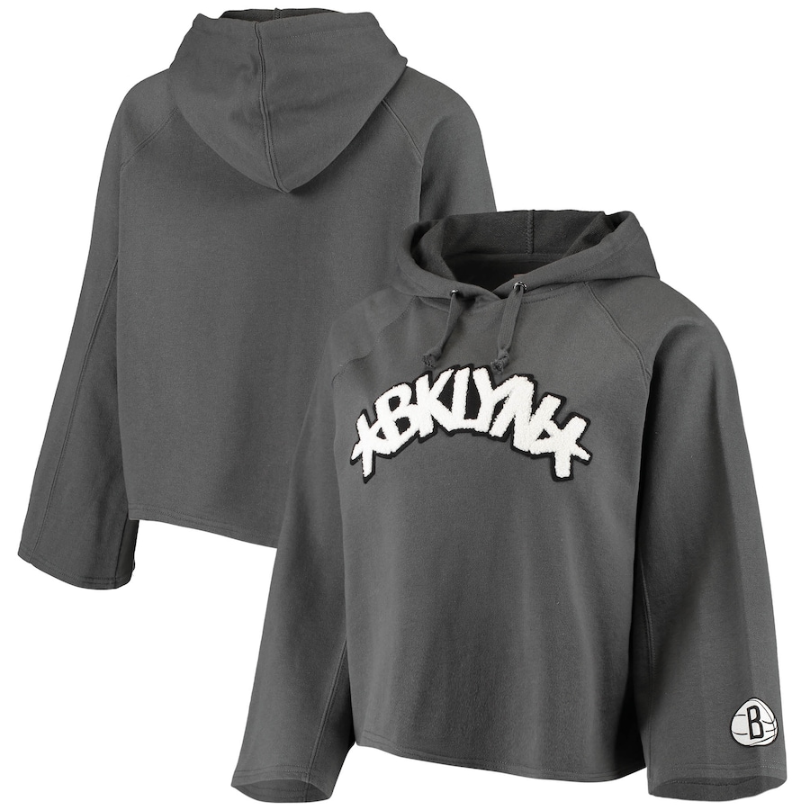 Women's Brooklyn Nets Sportiqe Heathered Gray Chenille Logo Bell Sleeve Cropped Pullover Hoodie