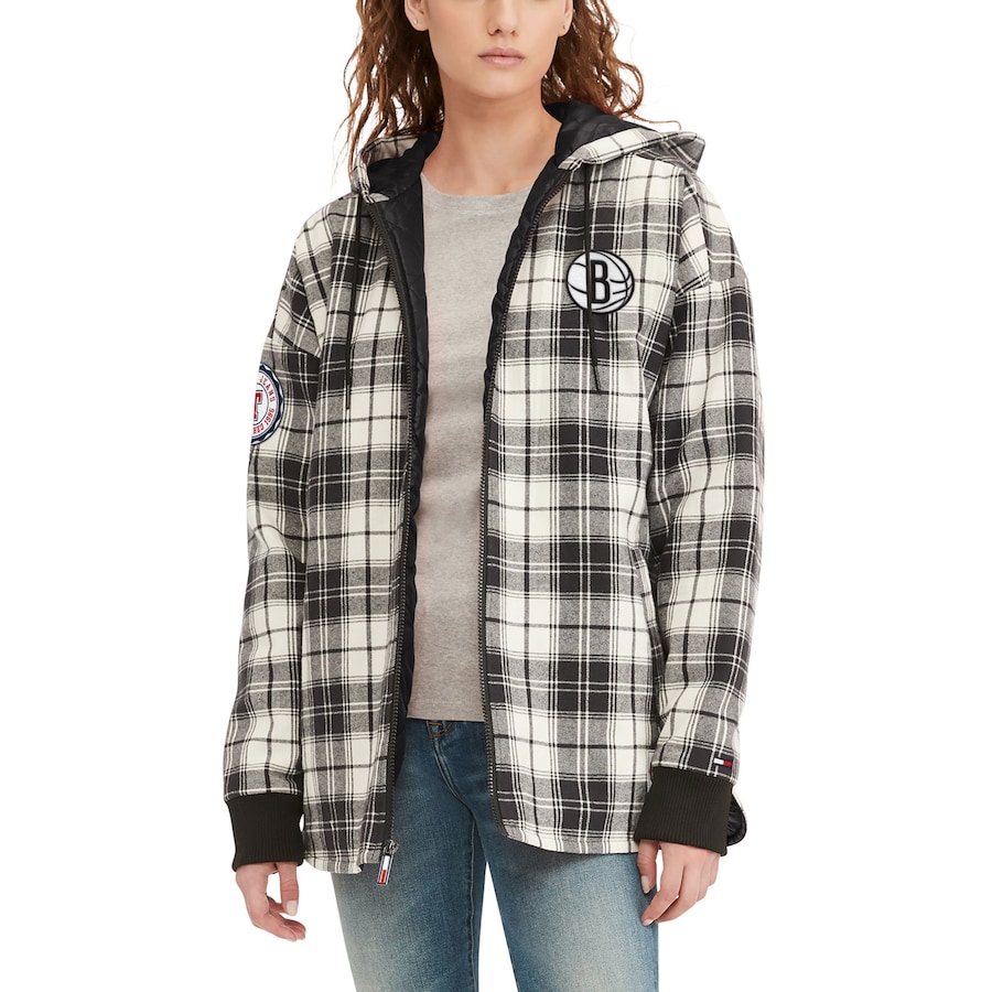Women's Brooklyn Nets Tommy Jeans Black/Cream Molly Flannel Full-Zip Hoodie Women's Brooklyn Nets Tommy Jeans Black/Cream Molly Flannel Full-Zip Hoodie